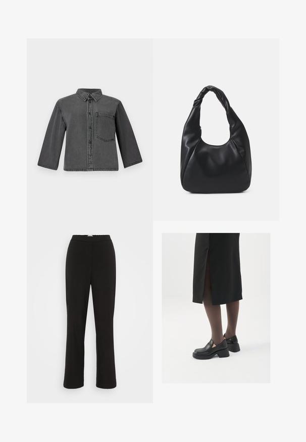 Szürke farmering, gombos elülső résszel, hegyes gallérral és egyetlen mellzsebbel. Hosszú ujjakkal és laza szabással rendelkezik.; Fekete, sima szövetnadrág egyenes szabású dizájnnal és rugalmas derékrésszel. Elöl, mindkét lábszár mentén finom varrás található.; Fekete bőr cipők lekerekített orral, vastag blokk sarkakkal és elasztikus oldalsó díszítésekkel, sötét harisnyával és hasítékkal ellátott fekete szoknyával párosítva.; Fekete hobo táska sima bőrszerű anyagból, csavarodott füllel, puha, lekerekített formával és felső cipzárral záródik.; Arany fülbevalók sima, fényes felülettel. Kör alakú dizájn, amely kis kapoccsal és átlátszó tartozékkal rendelkezik a biztonságos viselés érdekében.