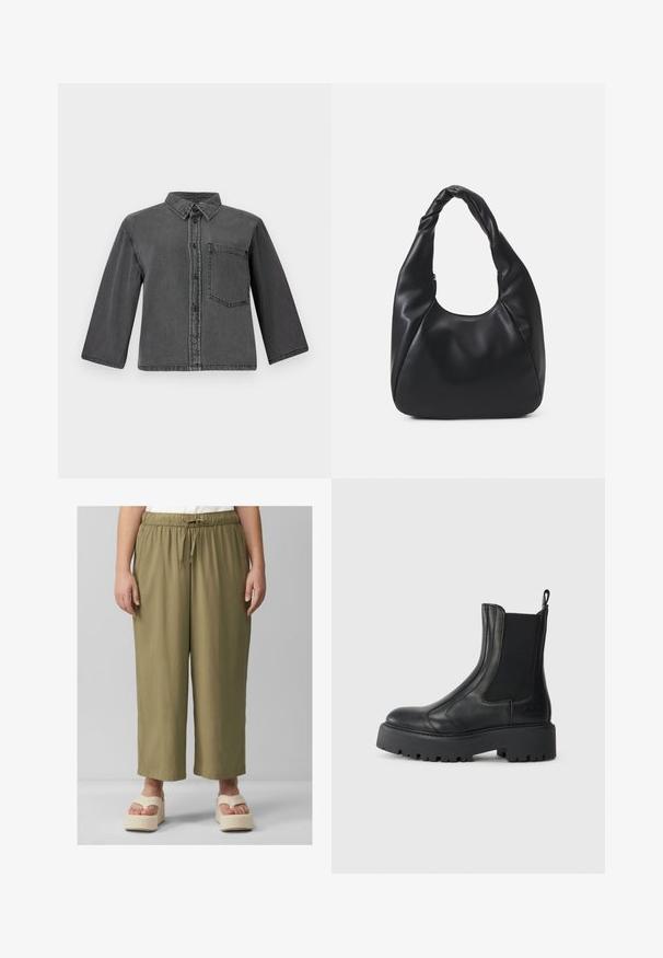 Graue Denim-Shirt mit durchgehendem Knopfverschluss, spitzem Kragen und einer einzelnen Brusttasche. Hat lange Ärmel und einen lockeren Schnitt.; Olivgrüne, weit geschnittene Hose mit elastischem Bund und verstellbarem Kordelzug. Weicher Stoff mit glatter Textur und verkürzter Länge.; Schwarze Lederknöchelstiefel mit elastischen seitlichen Einsätzen, einer abgerundeten Spitze und einer grob strukturierten Gummisohle. Mit einem Ziehschlaufen an der Rückseite.; Schwarze Hobo-Bag aus glatt wirkendem Lederimitat mit einem gedrehten Griff, der eine weiche, abgerundete Form und einen Reißverschluss am oberen Ende aufweist.; Set aus zwölf Ohrhängern in Silber- und Goldtönen. Enthält gedrehte, glatte und strukturierte Designs in verschiedenen Größen und Oberflächen.