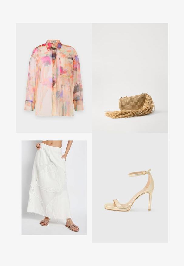 Gennemsigtig bluse med lange ærmer i pastelfarver med et blomster-vandfarvemønster, der har en krave, forreste knapper og en brystlomme.; Hvid maxi-nederdel i linned med broderede abstrakte former, rå kant og sidelommer; parret med beige slip-on sandaler.; Guldmetal højhælede sandaler med åben tå, ankelrem med spænde og en platformsål for ekstra højde. Glat overflade.; Cult Gaia VIERA - Clutches - natural
