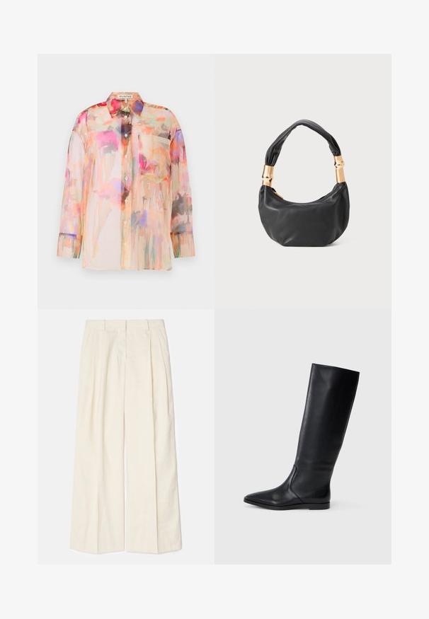 Durchsichtige Bluse mit langen Ärmeln in Pastellfarben und floralem Aquarellmuster, mit Kragen, Knöpfen auf der Vorderseite und einer Brusttasche.; Weite Hosen aus einem weichen, hellen Creme-Stoff. Mit vorderen Falten, Gürtelschlaufen und einer glatten Textur. Maßgeschneiderter Schnitt mit klaren Kanten.; Schwarze Lederstiefel bis zum Knie mit spitzer Zehe und minimalistischem Design. Glatte Textur und flache Sohle, mit dezenten seitlichen Steppnähten.; Schwarze Lederhandtasche mit runder Form, weicher Textur und einem geknoteten Griff mit goldfarbenen Hardware-Akzenten. Reißverschlussverschluss.