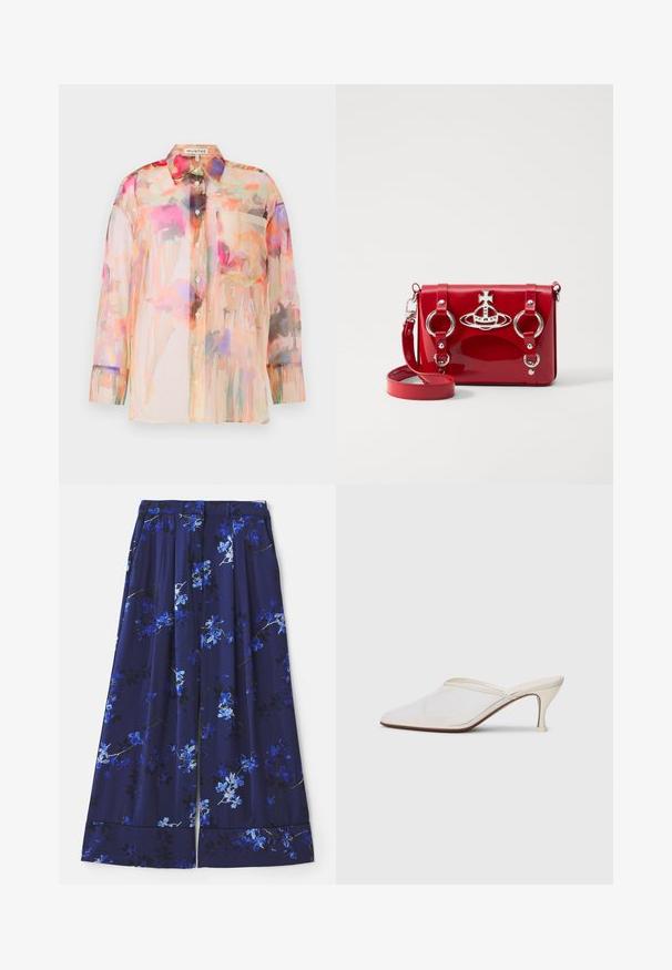 Pasztell színű, áttetsző, hosszú ujjas blúz virágos akvarell mintával, gallérral, elöl gombokkal és mellzsebbel.; Tengerészkék szoknya virágmintával, kék és fehér virágokkal. Az anyag sima, redőzött, széles szegéllyel.; Fehér hálós, hegyes orrú mules cipő, vékony, középmagas sarkával és slip-on kialakításával, egyszerű háttér előtt.; Piros lakkbőr keresztpántos táska ezüst fémrészletekkel, középen emblémával, kör alakú karikákkal és állítható pánttal.