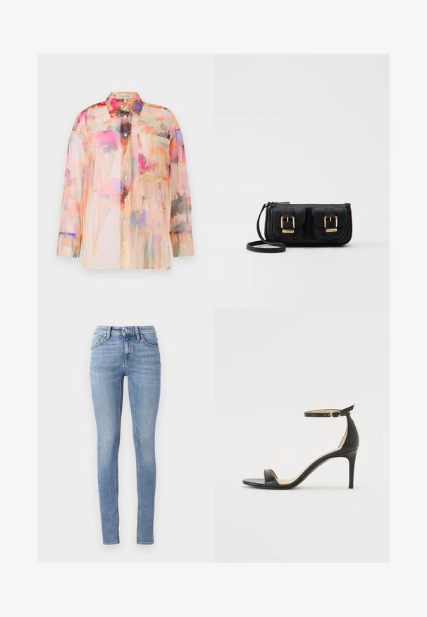 Proziran, dugih rukava, bluzon u pastelnim bojama s cvjetnim vodenim uzorkom, koja ima ovratnik, gumbe s prednje strane i džep na prsima.; Svijetloplave uske traperice izrađene od denima, s klasičnim pojasom, pet džepova i kontrastnim šavovima duž šavova.; Crne kožne sandale na visokom potpeticu s remenom oko gležnja. Imaju glatku teksturu, otvoreni prst i tanku potpeticu. Detalj s kopčom u zlatnoj boji.; Crna kožna torba preko ramena s dva prednja džepa, zlatnim kopčama, zatvaranjem na zip i uskim remenom. Teksturirana površina i kompaktan pravokutan oblik.