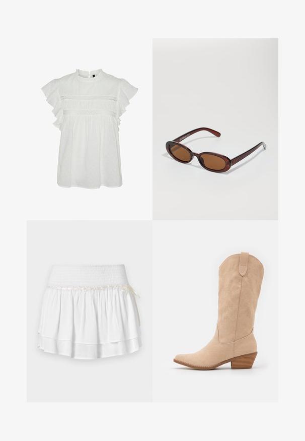 Fehér blúz rövid, fodros ujjal, kerek nyakkivágással és díszes csipke díszítéssel a mellrészen. Pontos textúrával az egész felületen.; Fehér, réteges szoknya rugalmas derékpánttal, texturált smokk részlettel és dekoratív szalaggal. Pamut anyag.; Beige nubukbőr cowboy csizma hegyes orral és enyhén textúrált szilhuettel. Díszvarrásokkal és alacsony, rétegzett sarokkal rendelkezik.; Kerek, barna árnyalatú napszemüveg fényes burgundi kerettel. Karcsú karok diszkrét márkázással. Lapos lencse kialakítás.; Barna szőtt bőr kézitáska, amely laza, háromszög alakú. Fonott füllel és felső cipzárral rendelkezik.