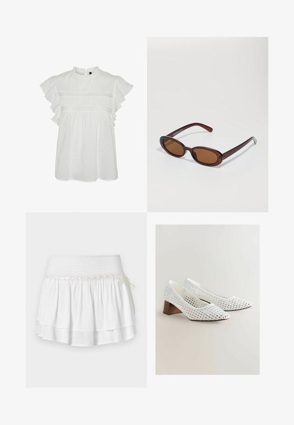 Vit blus med korta volangärmar, med rund halsringning och dekorativ spetsdetalj vid bröstet. Prickig textur över hela plagget.; Vit lager-på-lager kjol med elastisk midja, med detaljer av texturerad smock och en dekorativ satinsnodd. Tillverkad av bomull.; Vita flätade pumps med spetsig tå och en låg träklack. Texturen är öppen väv, vilket visar upp intrikata mönster.; Runda, bruntonade solglasögon med en glansig bordeauxfärgad ram. Smala bågar med subtilt varumärkesdetalj. Platt linsdesign.