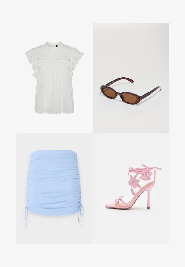 Witte blouse met korte gerimpelde mouwen, voorzien van een ronde halslijn en decoratieve kantafwerking op de borst. Gestippeld patroon over het geheel.; Lichtblauwe gerimpelde minirok gemaakt van rekbaar materiaal. Voorzien van trekbandjes aan de zijkanten voor een verstelbare pasvorm en een gladde textuur.; Roze hoge hakken sandaal met vlinderaccenten, gemaakt van soepele materialen. Beschikt over dunne bandjes en een slanke hak.; Ronde, bruin getinte zonnebril met een glanzend bordeauxrood frame. Slanke pootjes met subtiele merkdetails. Vlakke lensontwerp.