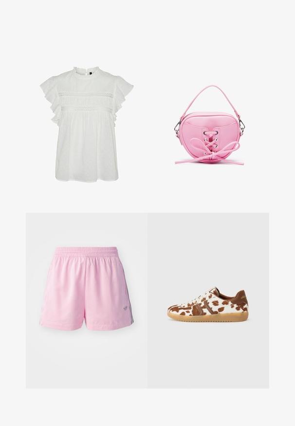 Hvit bluse med korte volangerm, med rund halslinning og dekorativt blonder på brystet. Prikket tekstur over hele plagget.; Rosa treningsshorts med elastisk midjebånd, med en grå stripe på sidene og en liten logo foran. Laget av lett materiale.; Koe-mønster joggesko med en hvit og brun pelslignende tekstur, brune detaljer, beige snører og en lysebrun gummisåle. Klassisk low-top design.; Rosa faux skinnveske med sirkelform, med snøring design med metalløye og en sløyfe detalj. Inkluderer en kort håndtak.