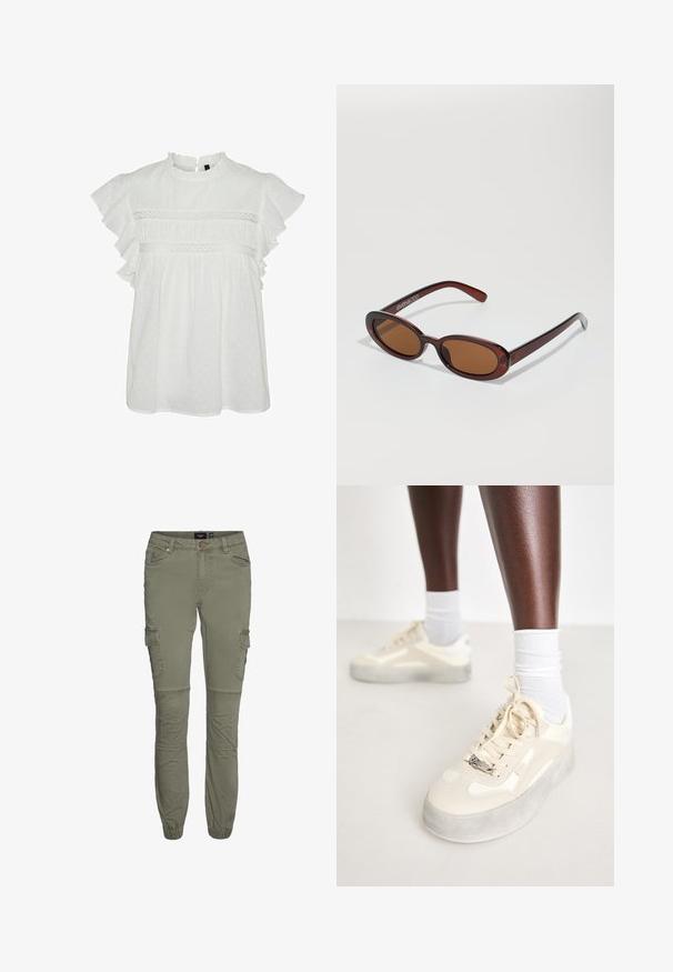 Bijela bluzica s kratkim volanastim rukavima, s okruglim izrezom i dekorativnom čipkastom obrubom na prsima. Pojava točkastog uzorka kroz cijelu bluzu.; Maslinasto zelene cargo hlače od izdržljive mješavine pamuka s suženim manžetama, višestrukim džepovima i pregibima na koljenima za dodatnu pokretljivost.; Bež tenisice s glatkom kožom i nubuk akcentima, sivo guma potplat, teksturirani uzorci i metalni logotip branda sa strane.; Okvir okruglih, smeđkastih sunčanih naočala s sjajnim burgundskim okvirom. Uski nositelji s suptilnim brendiranjem. Ravna leća.