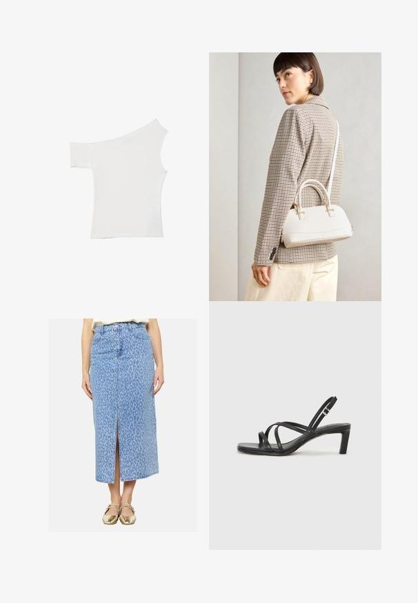 Asymmetrinen valkoinen toppi, joka on valmistettu sileästä kankaasta. Siinä on yksi lyhyt hiha ja yksi olka paljastava muotoilu, ja se huokuu puhdasta, minimalistista ilmettä.; Vaaleansininen farkku-maksihame, jossa on leopardikuvio. Hameessa on etureikä ja vyölenkit. Viimeistelty klassisella napilla ja vetoketjukiinnityksellä.; Mustat hihnalligat, joissa on neliön muotoinen kärki ja matala lohkokorko. Ominaisuuksiin kuuluu useita ohuita hihnoja ja säädettävä nilkkahihna. Valmistettu sileästä nahasta.; Valkoinen rakenteellinen käsilaukku, jossa on lyhyet kahvat ja olkahihna, varustettu kultaisilla metalliosilla ja tekstuurilla, esillä harmaata taustaa vasten.