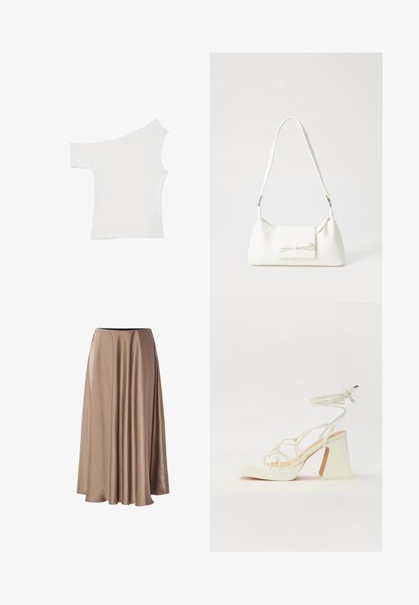 Asymetrický biely top vyrobený z hladkého materiálu, s jedným krátkym rukávom a jedným dizajnom bez ramena, so štýlovým a minimalistickým vzhľadom.; Dlhá A-čková sukňa vyrobená z hladkej, lesklej látky vo svetlo béžovej farbe. Má elastický pás a voľný splývavý strih.; Biele sandále na vysokom opätku s hrubým podpätkom, s pruhovaným dizajnom a viazaním na členku. Hladký povrch s platformou vpredu pre zvýšenú výšku.; Biela syntetická kabelka s trojuholníkovým tvarom, plochým predným klapkou a detailom mašle, nastaviteľným popruhom, hladkou textúrou a minimalistickým dizajnom.