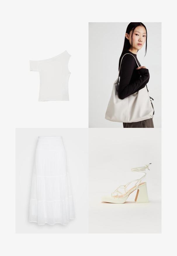 Asimetrična bela majica iz gladkega blaga, ki ima en kratek rokav in en dizajn brez ramena, s čistim, minimalističnim videzom.; Bela, večplastna maksi krila z elastično pasom. Narejena iz lahkotnega materiala, z bujnim dizajnom in subtilno teksturo.; Bela sandala na visokih petah s debelim petam, ki ima obliko trakcev in vezanje okoli gležnja. Gladka tekstura z platformo spredaj za dodatno višino.; Bežna torbica iz mehkega materiala, z ohlapno zasnovo, šivi in dvema naramnicama. Primerna za vsakodnevno uporabo.