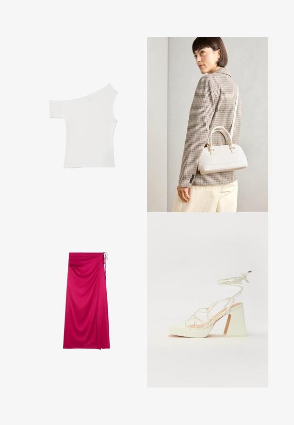 Asymmetrisch wit top van gladde stof, met één korte mouw en één off-shoulder ontwerp, met een schone, minimalistische uitstraling.; Fuchsia wikkelrok van gladde stof, met een asymmetrisch ontwerp en draping, en een striksluiting aan de linkerkant.; Witte hoge hakken sandaal met een chunky hak, met een bandjesontwerp en enkelband. Gladde textuur met een plateau voor extra hoogte.; Witte gestructureerde handtas met korte handvatten en een schouderband, voorzien van gouden hardwareaccenten en een textuurmateriaal, tentoongesteld tegen een grijze achtergrond.