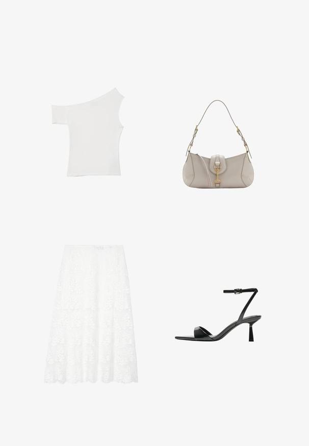 Haut blanc asymétrique en tissu satin, comportant une manches courte et un design dénudé d'épaule, avec un look propre et minimaliste.; Jupe en dentelle blanche avec un design superposé, présentant des motifs floraux et un ourlet en vagues. Fabriquée en tissu léger et texturé.; Bershka Sandales à talons hauts - black; Sac à main en cuir gris clair avec une forme courbée, ferrures dorées, un fermoir avant et des détails de couture. Bandoulière ajustable incluse.