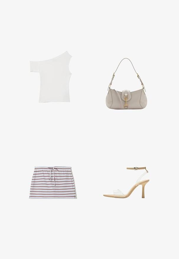 Asimetrična bela majica iz gladkega blaga, ki ima en kratek rokav in en dizajn brez ramena, s čistim, minimalističnim videzom.; Vertikalno prugasta suknja s elastičnim pojasom, izrađena od mekog materijala. Boje uključuju belu, burgundsku i svetlo plavu prugu.; Sandal z jasnim petnikom s prozornim zgornjim delom, bež podplatom in sivim trakcem okoli gležnja. Ima koničast nos in tanek visoki petek.; Svetlo siva usnjena torbica s ukrivljeno obliko, zlato kovinsko dodatki, sprednji sponka in šivani detajli. Vključena nastavljiva naramnica.