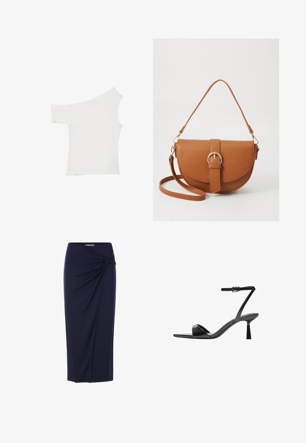 Asymetryczna biała bluzka wykonana z gładkiego materiału, z jednym krótkim rękawem i jednym odkrytym ramieniem, o czystym, minimalistycznym wyglądzie.; Granatowa maxi spódnica z zwielokrotnionym węzłem w talii, wykonana z gładkiego, elastycznego materiału, o prostym kroju.; Bershka - Sandały na obcasie; Brązowa skórzana torba na ramię o zaokrąglonym kształcie, ze złotymi akcentami i zapięciem w formie klamry. Posiada odpinany pasek na ramię.