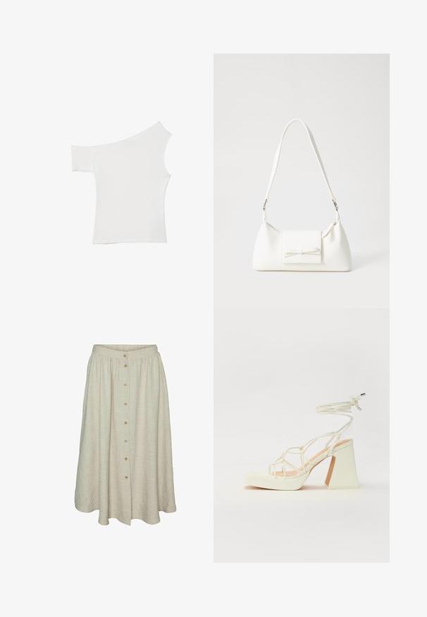 Haut blanc asymétrique en tissu satin, comportant une manches courte et un design dénudé d'épaule, avec un look propre et minimaliste.; Jupe beige jusqu'aux genoux en tissu texturé, avec un devant à boutons, une taille élastique et un design fluide.; Sandale blanche à talons hauts avec un talon épais, présentant un design à lanières et un lien autour de la cheville. Texture lisse avec une plateforme à l'avant pour une hauteur supplémentaire.; Sac à main synthétique blanc en forme triangulaire, avec un rabat avant plat et un détail en nœud, une bandoulière ajustable, une texture lisse et un design minimaliste.
