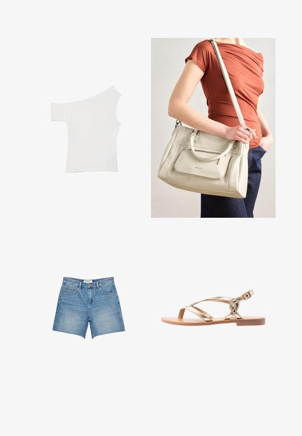 Haut blanc asymétrique en tissu satin, comportant une manches courte et un design dénudé d'épaule, avec un look propre et minimaliste.; Shorts en denim bleu clair, coupe droite, avec un ourlet effiloché, cinq poches et une étiquette de marque sur la taille. Teinture uniforme et tissu robuste.; Sandales métalliques dorées avec des brides croisées, une semelle plate et une boucle autour de la cheville. Texture lisse et design ouvert pour la respirabilité.; Sac à main en cuir blanc avec des poignées doubles et une bandoulière amovible, doté d'une poche zippée à l'avant et d'une texture lisse. Porté au bras d'une personne.