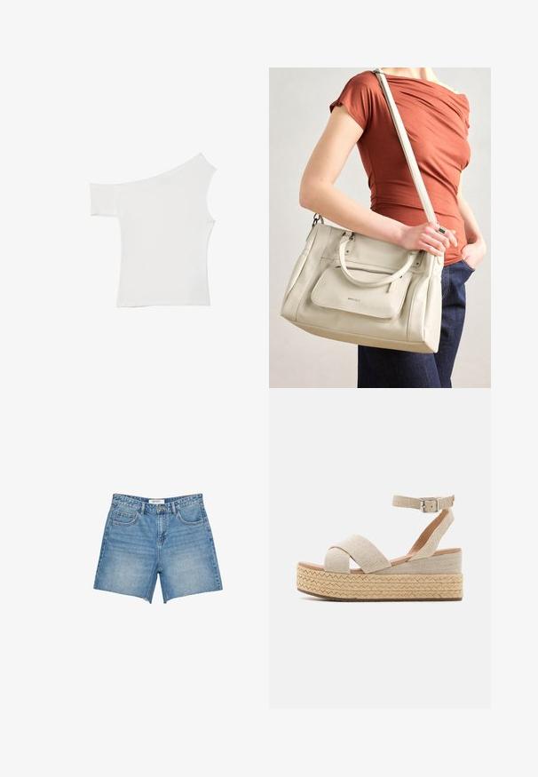 Asymmetrisches weißes Top aus glattem Stoff, mit einem kurzen Ärmel und einem schulterfreien Design, das einen sauberen, minimalistischen Look bietet.; Hellblaue Denim-Shorts mit geradem Schnitt, fransigem Saum, fünf Taschen und einem Markenetikett am Bund. Gleichmäßige Wäsche und robustes Material.; Beige Espadrilles mit Plateau, ausgestattet mit einem gewebten Textil-Obermaterial, Kreuzgurten, einem Knöchelverschluss und einer strukturierten, mit Jute umwickelten Sohle.; Weiße Lederhandtasche mit zwei Griffen und einem abnehmbaren Schulterriemen, ausgestattet mit einer vorderen Reißverschlusstasche und glatter Textur. Wird am Arm einer Person getragen.