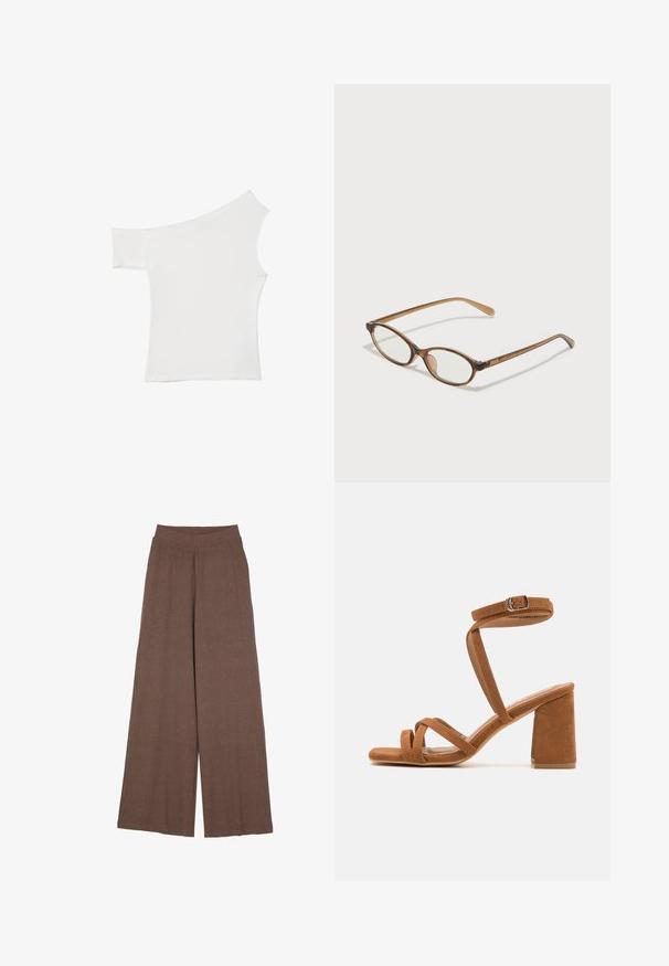 Asymetrický biely top vyrobený z hladkého materiálu, s jedným krátkym rukávom a jedným dizajnom bez ramena, so štýlovým a minimalistickým vzhľadom.; Široké nohavice vyrobené z texturovanej, rebrovanej tkaniny v teplej hnedej farbe. Disponujú bezšvíkovým pásom a splývavým strihom.; Hnedé sandále na opätku z umelej zamše s širokým blokovým opätkom, viacerými krížovými popruhmi a nastaviteľnou prackou na členku. Mäkká textúra, dizajn s otvorenou špičkou.; Hnedé želvovinové okuliare s oválnymi sklíčkami, tenkými ramenami a priesvitnými akcentmi. Obsahujú jemný logo na stranici. Štýlový, ľahký dizajn.