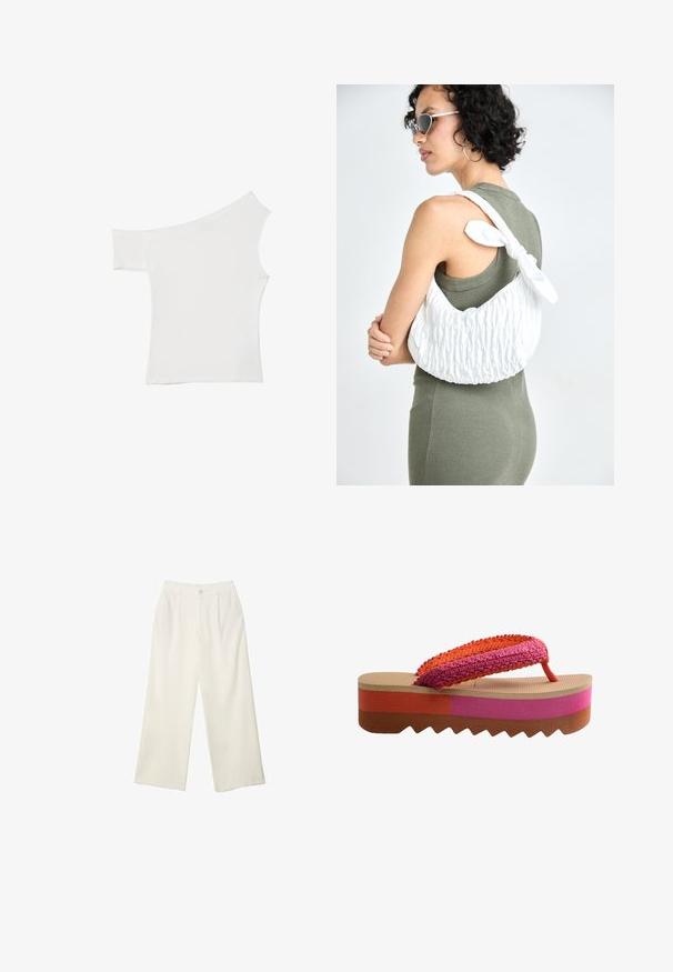 Haut blanc asymétrique en tissu satin, comportant une manches courte et un design dénudé d'épaule, avec un look propre et minimaliste.; Pantalons à jambes larges en tissu crème avec une texture lisse, dotés d'un seul bouton à l'avant, de plis subtils et d'un design taille haute.; Tongs à plateforme avec une sangle tissée multicolore en orange et rose. Semelle en tan texturé et semelle extérieure striée en marron, rose et corail.; Sac blanc matelassé avec une texture lisse et un accent de nœud noué, porté à l'épaule. Modèle portant une robe olive avec un décolleté arrondi.; Collier en perles blanches composé de perles rondes brillantes de tailles variées, avec un fermoir en or en forme de homard et une chaîne réglable.