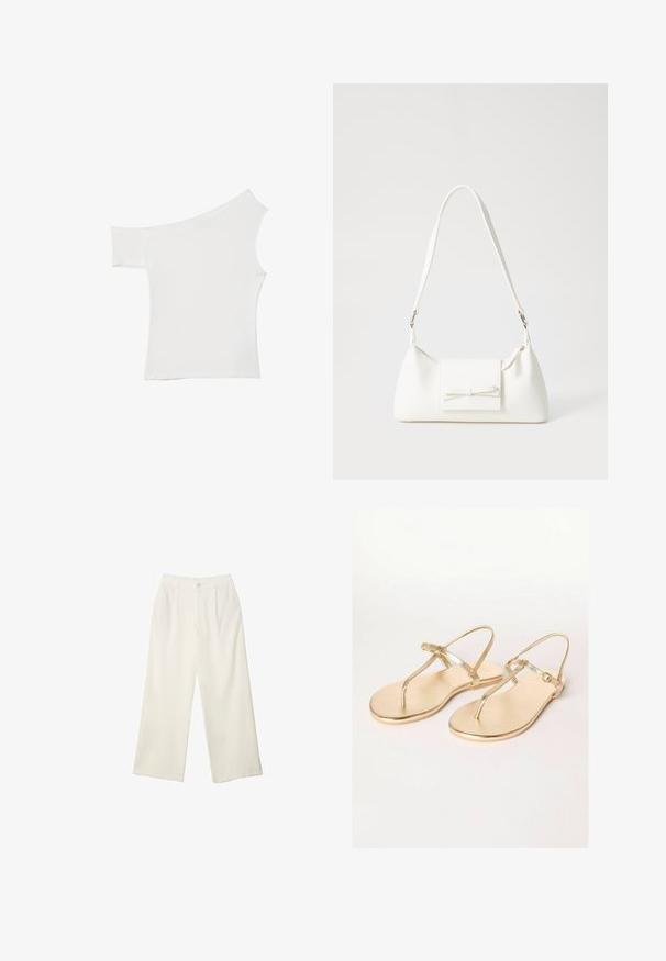 Asimetrična bela majica iz gladkega blaga, ki ima en kratek rokav in en dizajn brez ramena, s čistim, minimalističnim videzom.; Hlače širokih nogavic iz kremaste tkanine z gladko teksturo, z enim sprednjim gumbom, diskretnimi plisami in visokim pasom.; Friends Like These REGULAR FIT - TOE THONG FIT - T-sandali - gold; Bela sintetična torbica v obliki trikotnika, z ravnim sprednjim poklopcem in detajlom mašne, nastavljivim trakom, gladko teksturo in minimalističnim dizajnom.