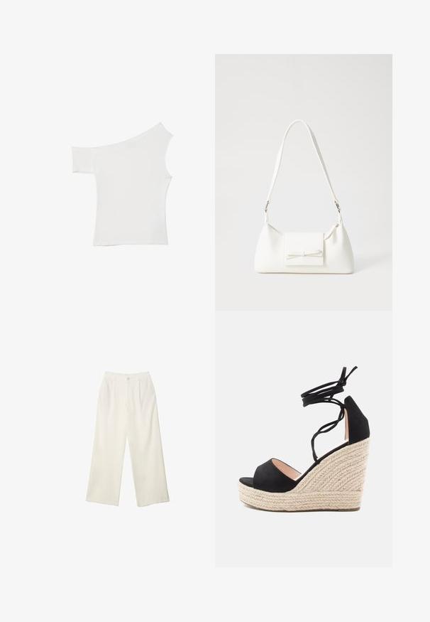 Top bianco asimmetrico realizzato in un tessuto morbido, con una manica corta e un design una spalla scoperta, caratterizzato da un look pulito e minimalista.; Pantaloni a gamba larga in tessuto crema con una texture liscia, caratterizzati da un singolo bottone frontale, pieghe sottili e un design a vita alta.; Sandali con zeppa in suede nero, con una piattaforma in juta intrecciata, caratterizzati da cinturini incrociati alla caviglia e un design con punta aperta.; Borsa sintetica bianca a forma triangolare, con patta anteriore piatta e dettaglio a fiocco, tracolla regolabile, texture liscia e design minimalista.