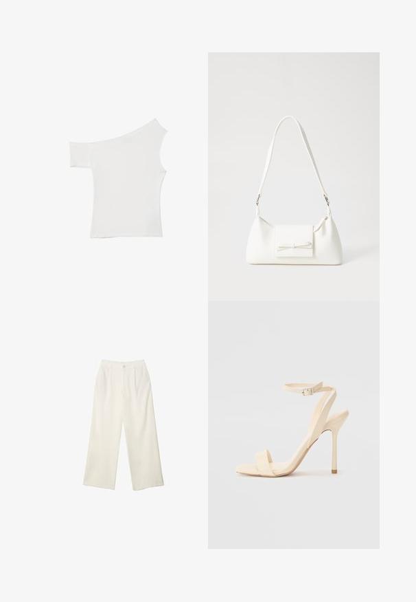 Asymetryczna biała bluzka wykonana z gładkiego materiału, z jednym krótkim rękawem i jednym odkrytym ramieniem, o czystym, minimalistycznym wyglądzie.; Spodnie z szerokimi nogawkami w kremowej tkaninie o gładkiej fakturze, z pojedynczym guzikiem z przodu, subtelnymi plisami i wysokim stanem.; Beżowe sandały na wysokim obcasie z cienkim paskiem na kostce i kwadratowym noskiem. Gładki materiał syntetyczny, minimalistyczny design i obcas typu stiletto.; Biała syntetyczna torba o trójkątnym kształcie, płaskim przednim klapce i detalach w postaci kokardy, regulowanym pasku, gładkiej fakturze oraz minimalistycznym designie.
