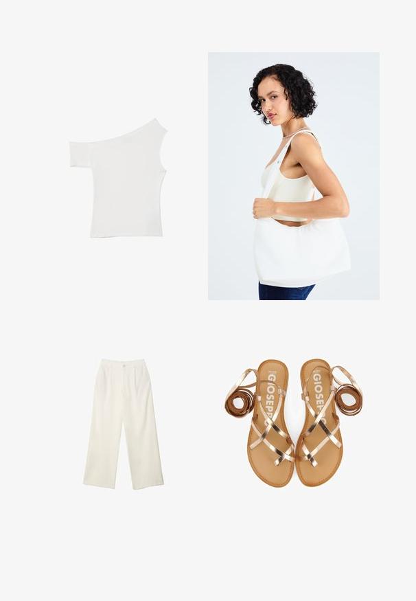 Asymmetrisch wit top van gladde stof, met één korte mouw en één off-shoulder ontwerp, met een schone, minimalistische uitstraling.; Brede broekspijpen in crème stof met een gladde textuur, voorzien van een enkele frontknop, subtiele plooien en een hoge taille.; Sandaletten met platte zool en metallic roségouden banden, tan voetbed en een minimalistisch ontwerp. Voorzien van opgerolde banden aan elke kant.; Witte schoudertas van glad materiaal, met een ovale uitsparing en breed riemontwerp. Eenvoudig en modern zonder zichtbare hardware.