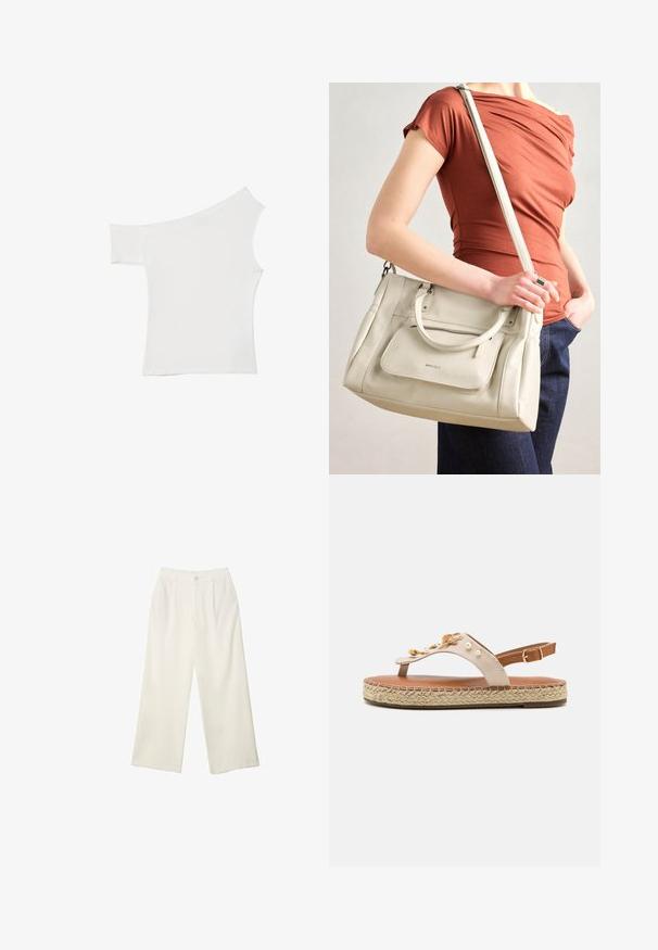 Asymetrický biely top vyrobený z hladkého materiálu, s jedným krátkym rukávom a jedným dizajnom bez ramena, so štýlovým a minimalistickým vzhľadom.; Široké nohavice z krémovej látky s hladkou textúrou, s jedným predným gombíkom, jemnými skladmi a vysokým pásom.; Béžové kožené sandále na popruhu so zásnubou s perlami a espadrilovým štýlom podrážky. Nastaviteľný členkový popruh a tkané jute detaily na platforme.; Biela kožená kabelka s dvojitými uchami a odnímateľným popruhom, obsahujúca prednú zipovú kapsu a hladkú textúru. Nesie sa na ramene osoby.