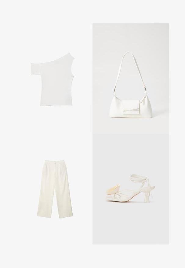 Asimetrični bijeli top od glatkog materijala, s jednim kratkim rukavom i jednim oblinim dizajnom, s čistim, minimalističkim izgledom.; Hlače širokih nogavica od kremaste tkanine s glatkom teksturom, s jednim prednjim gumbom, suptilnim plitvicama i visokim strukom.; Bijela sandala na visokoj potpetici s otvorenim prstima. Ima dekorativni akcent u obliku žutog latica i vitki dizajn narukvice oko gležnja.; Bijela sintetička torbica s trokutastim oblikom, ravnim prednjim poklopcem i detaljem u obliku mašne, podesivom remenom, glatkom teksturom i minimalističkim dizajnom.