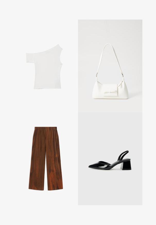 Asymmetrical white top made of smooth fabric, featuring one short sleeve and one off-shoulder design, with a clean, minimalist look.; Brown wide-leg pants with a pleated texture, featuring vertical stripes and a soft finish. Elastic waistband for comfort.; Black patent leather slingback heels with a pointed toe and a geometric block heel. Features a sleek, minimal design and smooth texture.; White synthetic handbag with a triangular shape, flat front flap and bow detail, adjustable strap, smooth texture, and minimalistic design.