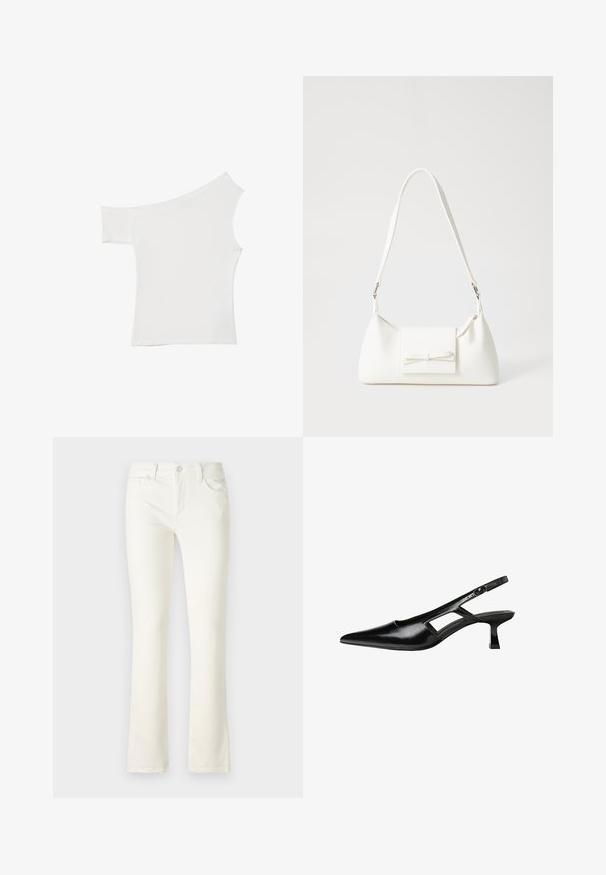 Top bianco asimmetrico realizzato in un tessuto morbido, con una manica corta e un design una spalla scoperta, caratterizzato da un look pulito e minimalista.; Jeans flare in denim bianco con un classico design a cinque tasche, dotati di chiusura con bottone frontale e cuciture a contrasto. Texture liscia e vestibilità a vita media.; Tacchi slingback in pelle verniciata nera con punta affusolata, design con tagli laterali e tacco quadrato piccolo. Texture liscia con dettagli minimi.; Borsa sintetica bianca a forma triangolare, con patta anteriore piatta e dettaglio a fiocco, tracolla regolabile, texture liscia e design minimalista.