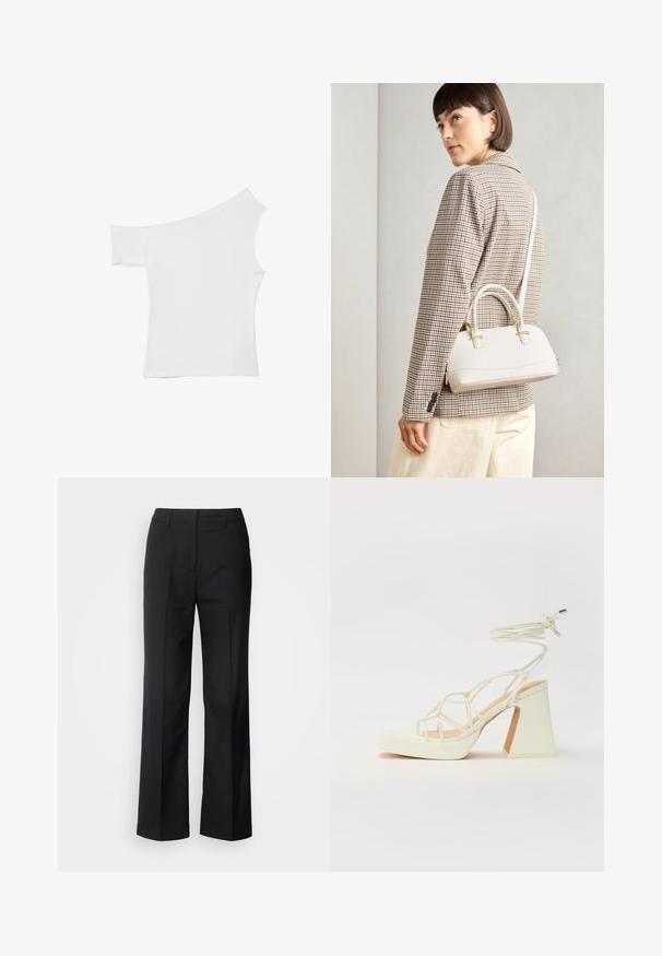 Asymetrický bílý top vyrobený z hladké látky, s jedním krátkým rukávem a jedním bezramenním designem, s čistým, minimalistickým vzhledem.; Scotch & Soda CORE EDIE - Kalhoty - black; Bílé sandály na vysokém podpatku s robustním podpatkem, s designem s pásky a zavazováním kolem kotníku. Hladký povrch s platformou vpředu pro zvýšení výšky.; Bílá strukturovaná kabelka s krátkými uchy a ramenním popruhem, zdobená zlatými kovovými prvky a texturovaným materiálem, vystavená na šedém pozadí.