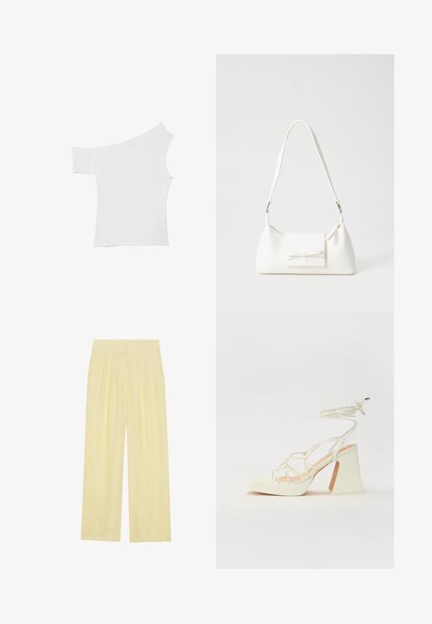 Asymetryczna biała bluzka wykonana z gładkiego materiału, z jednym krótkim rękawem i jednym odkrytym ramieniem, o czystym, minimalistycznym wyglądzie.; Jasnożółte spodnie szerokie w nogawkach, wykonane z teksturowanej tkaniny, z plisowanym przodem i wysokim elastycznym paskiem w talii.; Biała sandał na wysokim obcasie z masywnym słupkiem, z paskowym wzorem i wiązaniem przy kostce. Gładka faktura z platformą z przodu dla dodatkowej wysokości.; Biała syntetyczna torba o trójkątnym kształcie, płaskim przednim klapce i detalach w postaci kokardy, regulowanym pasku, gładkiej fakturze oraz minimalistycznym designie.