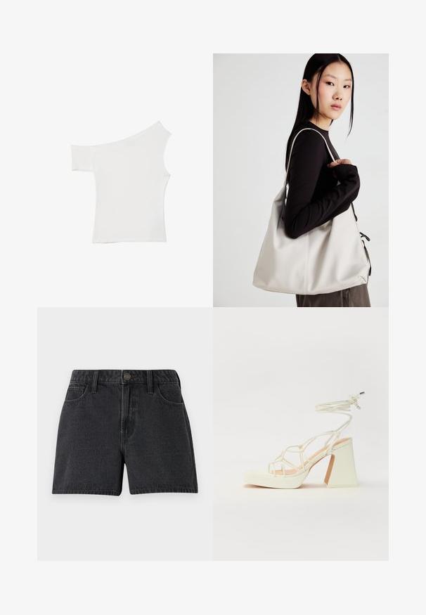 Asymetrický bílý top vyrobený z hladké látky, s jedním krátkým rukávem a jedním bezramenním designem, s čistým, minimalistickým vzhledem.; Černé džínové šortky s klasickým designem, které mají přední kapsy, zapínání na knoflík a mírně strukturovaný povrch.; Bílé sandály na vysokém podpatku s robustním podpatkem, s designem s pásky a zavazováním kolem kotníku. Hladký povrch s platformou vpředu pro zvýšení výšky.; Beige kabelka vyrobená z měkkého materiálu, s volným designem, prošívanými detaily a dvěma ramenními popruhy. Vhodná pro každodenní použití.