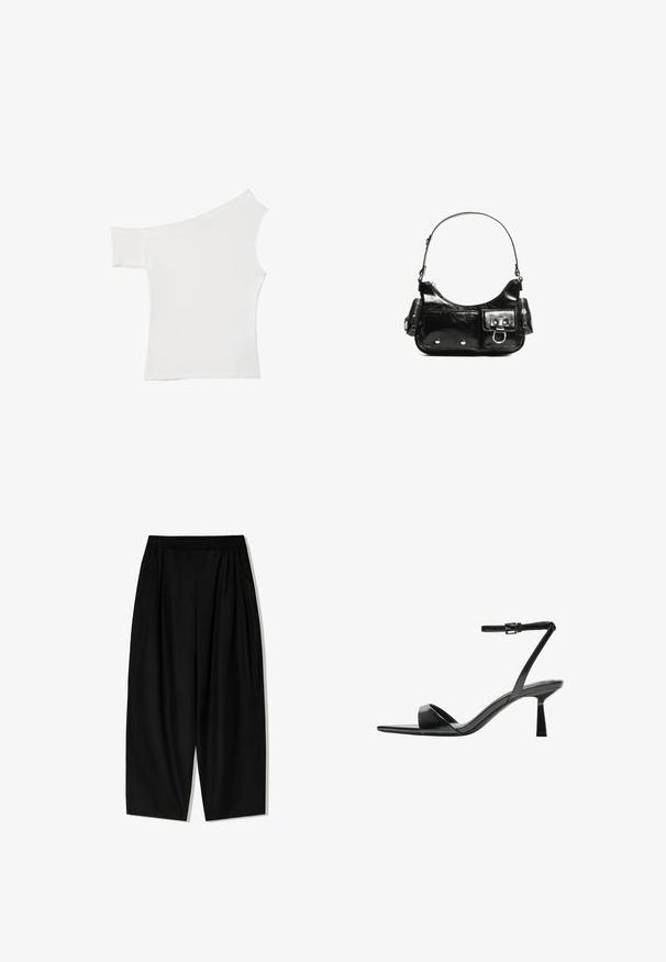 Asimetrična bela majica iz gladkega blaga, ki ima en kratek rokav in en dizajn brez ramena, s čistim, minimalističnim videzom.; Črne široke hlače iz mehkega blaga. Imajo elastičen pas in stranske žepe ter sproščen, tekoč silhoutte.; Bershka Sandali z visoko peto - black; Črna lakasta usnjena torbica s ukrivljeno obliko, enim ramenskim trakom, sprednjimi žepi in srebrnimi kovinskimi dodatki.