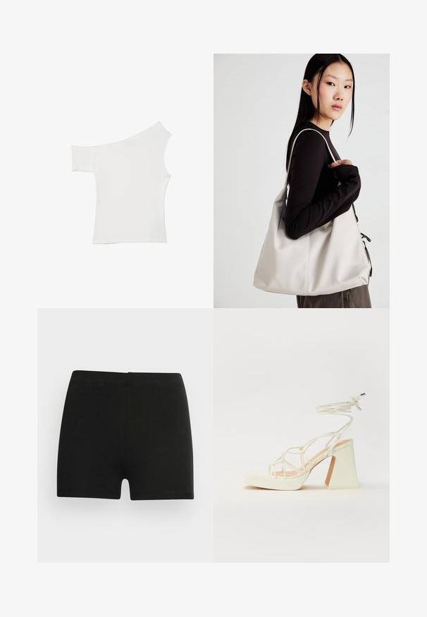 Asymetryczna biała bluzka wykonana z gładkiego materiału, z jednym krótkim rękawem i jednym odkrytym ramieniem, o czystym, minimalistycznym wyglądzie.; Czarnie bawełniane szorty o dopasowanym kroju i elastycznym pasie. Gładka tekstura, długość do połowy uda, bez widocznych wzorów czy akcentów.; Biała sandał na wysokim obcasie z masywnym słupkiem, z paskowym wzorem i wiązaniem przy kostce. Gładka faktura z platformą z przodu dla dodatkowej wysokości.; Beżowa torebka wykonana z miękkiego materiału, charakteryzująca się luźnym fasonem, wyszywanymi detalami i dwoma uchwytami na ramię. Idealna na co dzień.