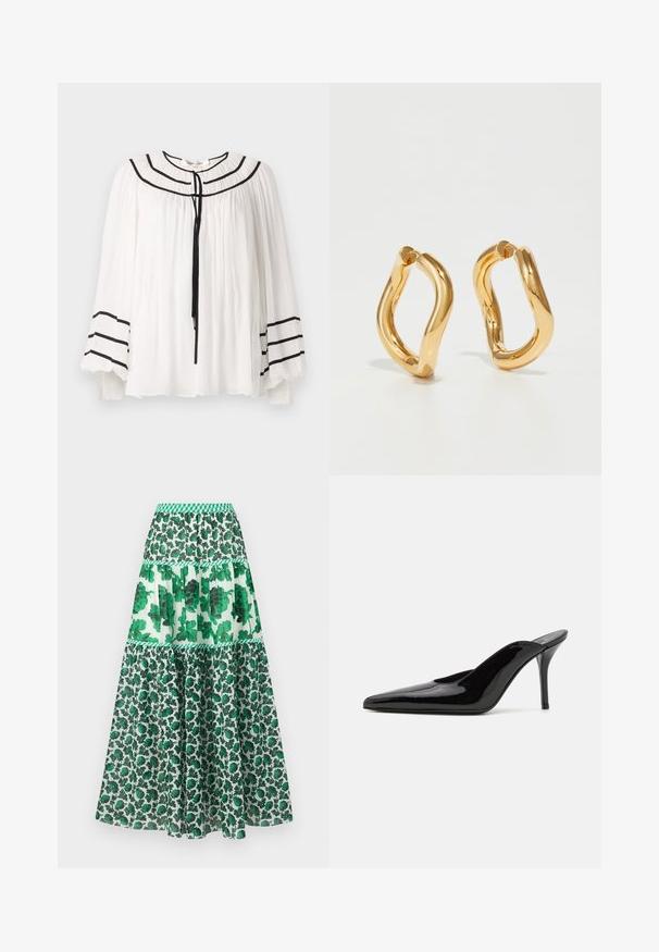 Valkoinen paita pitkillä hihoilla, jossa on mustia raitakoristeita ja pleatattu pinta. Pyöreä pääntie, jossa on solmimisnauha edessä.; Vihreä kuvioitu maksihame, jossa on rypytetty vyötärö. Hameessa on kerroksellinen muotoilu kukkakuoseilla ja vaihtelevilla vihreän sävyillä.; Mustat patentoidut korkeakorkoiset mulesandaalit, joissa on terävä kärki ja sulavalinjainen siluetti. Kenkäparissa on avonainen takaosa ja hoikka stiletto-korko.; Kullanışlı ve pürüzsüz bir dokuya sahip, kıvrımlı ve düzensiz bir şekle sahip altın rengi halka küpeler. Görünür donanım veya aksan yok.