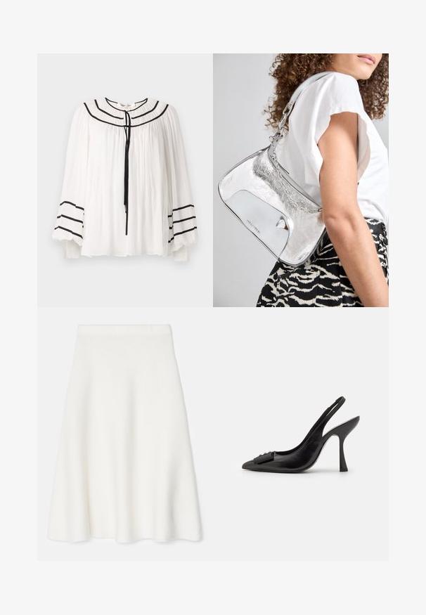 Witte blouse met lange mouwen, voorzien van zwart gestreepte accenten en een geplisseerde textuur. Ronde halslijn met een striksluiting aan de voorkant.; Tiger of Sweden SIAN - A-lijn rok - seashell; Zwarte leren slingback schoen met een spitse neus, slanke hoge hak en een decoratieve strikaccent. Gladde textuur en elegant ontwerp.; Zilverkleurige schoudertas van metaal met een gladde textuur, gebogen ontwerp, kettinghengsel en een gepolijste voorpaneel met een subtiele logo-engraving.; Zilveren oorbellen met een vloeiende, spiraalvormige ontwerp. Glad oppervlak met een gepolijste afwerking. Heeft een subtiele glans en geen zichtbare versieringen.