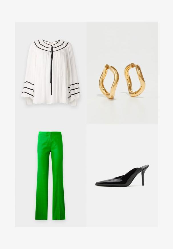 White blouse with long sleeves, featuring black stripe accents and a pleated texture. Rounded neckline with a tie closure at the front.; Bright green, flared trousers made of a smooth fabric, featuring a flat front and no visible pockets. Clean, minimalistic design.; Black patent leather high-heeled mule with a pointed toe and a sleek silhouette, featuring an open back and a slender stiletto heel.; Gold-colored hoop earrings with a curved, irregular shape and a smooth, polished texture. No visible hardware or accents.