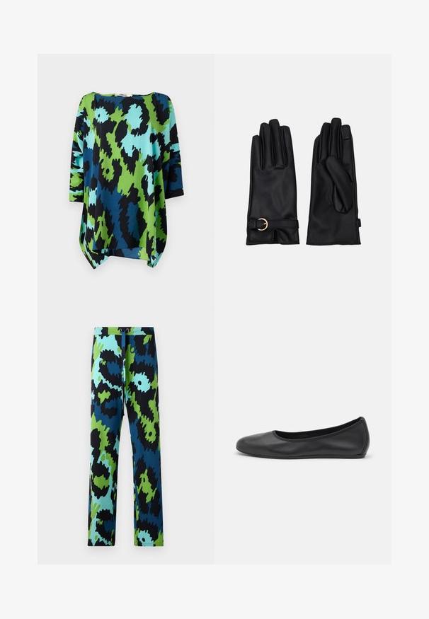 Loose-fit top with a vibrant abstract pattern in green, blue, and black. Made of lightweight fabric with three-quarter sleeves and a rounded neckline.; Multicolored pants featuring a bold abstract pattern in black, blue, and green. Made of smooth fabric with a drawstring waist.; Black leather ballet flat with a rounded toe, smooth texture, minimal stitching detail, and a flexible sole design.; Pieces PCJEA SMART GLOVES - Gloves - black
