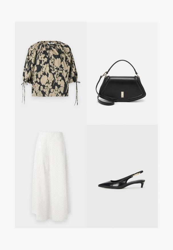 Bluse med blomstertrykk i svart og beige, med rynket halslinning, puffede ermer og snor for justerbar passform.; Hvit skjørt med diagonalt stripemønster i mørke toner. A-linjeform, midtlengde, glatt tekstur, og uten synlig utstyr eller detaljer.; Sorte lærreim hæler med spiss tå, som har en slank hæl og en gullfarget detalj på den justerbare stroppen. Glatt tekstur.; Sort lærveske med en strukturert design, som har en avkortet form, topphåndtak og detaljer i gull. Justerbar skulderstropp inkludert.