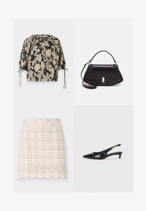 Bluse med blomstertrykk i svart og beige, med rynket halslinning, puffede ermer og snor for justerbar passform.; Vevet tweed skjørt i krem og beige med en strukturert overflate, som har en rett snitt og frynsete kant for ekstra detalj.; Sorte lærreim hæler med spiss tå, som har en slank hæl og en gullfarget detalj på den justerbare stroppen. Glatt tekstur.; Sort lærveske med en strukturert design, som har en avkortet form, topphåndtak og detaljer i gull. Justerbar skulderstropp inkludert.