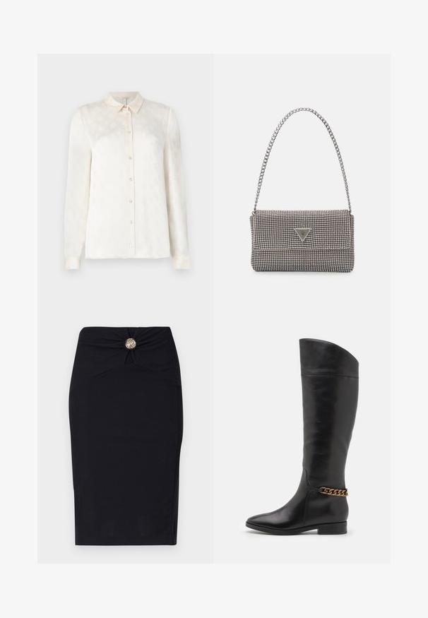 Valge pika varrukaga särk, millel on krae, nööpidega ees, valmistatud siledast kangast, millel on peen reljeefne muster.; Mustast, siledast kangast pliiatsseelik, millel on keeratud esikülg ja metallist ümarsõlm vöökoha juures.; Kõrged mustad nahast saapad, millel on stiilne disain, terav nina ja kuldne kett aktsent pahkluul. Madal plokk-konts. Sile tekstuur.; Helehall metallik handbags, millel on kett, kaunistatud väikeste ümmarguste metallist õmblustega ja kolmnurkse brändi logoga.; Hõbedast rõngaskõrvarõngad sileda ja läikiva pinnaga, kõveriku kujuga ning postitaksega sulgur. Minimalistlik disain kaasaegse viimistlusega.