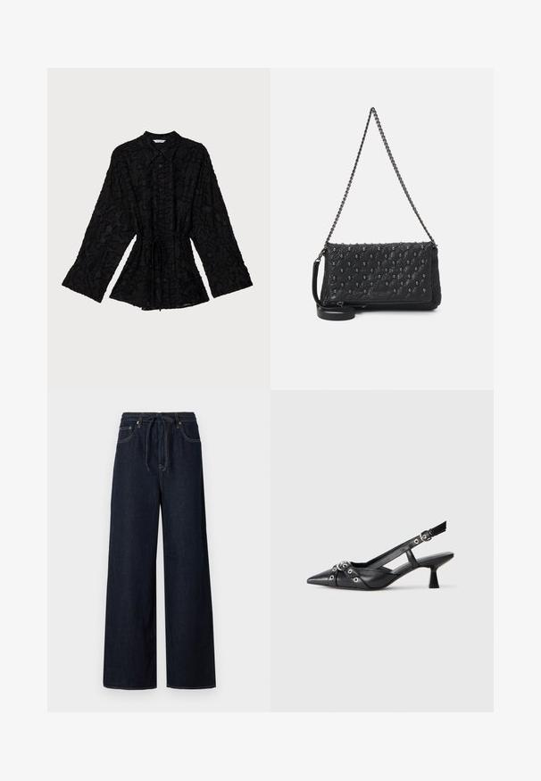 Holzweiler JENNA - Košilová halenka - black; Tmavě modré široké džíny s elastickým pasem, standardním designem pěti kapes a kontrastními švy.; Černé kožené slingback boty s špičatou špičkou, dekorativními pásky s kovovými očky a nízkým blokovým podpatkem. Texturovaný povrch.; Černá prošívaná kožená taška s řetízkovým popruhem, zdobená lebkami a se zipovým uzávěrem. Texturovaný povrch s lesklým finišem.