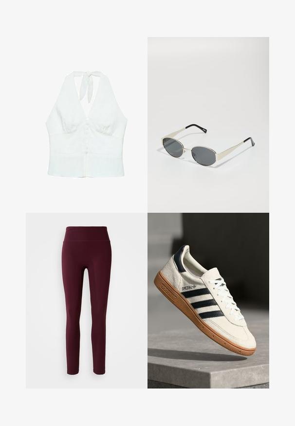 Bela lanena halter majica z globokim V-izrezom, gumbom spredaj in zavezanjem na vratu. Gladka tekstura, prilegajoč dizajn.; Bordo leggingi z visokim pasom, narejeni iz raztegljivega materiala, z gladko teksturo in oprijetim dizajnom. Brez vidnih vzorcev ali okrasov.; Bela nubuk superga s športnimi trakovi v temno modri barvi, gumijastim podplatom, strukturirano zgornjo plastjo, okroglim nosom in vezalkami; vsebuje blagovno znamko na strani in jeziku.; Sončna očala z ovalnimi sivo-lenskimi lečami, srebrnim kovinskim okvirjem in črnimi poudarki na tempeljih. Očala se ponašajo z elegantnim dizajnom in minimalnimi dodatki.; Črna usnjena torba z ovalno obliko, ravnim zapiranjem in enim naramnim trakom. Ima gladko teksturo in minimalne kovinske dodatke.