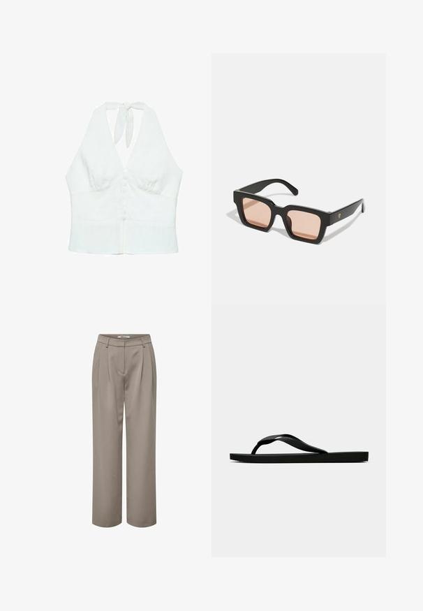Bijela lanena halter majica s dubokim V-izrezom, prednjim gumbima i vezanjem oko vrata. Glatka tekstura, prilagođen dizajn.; Svijetlosmeđi široki hlače, s nabranim detaljima, glatkom teksturom i čistim dizajnom struka. Jednostavne i svestrane za razne kombinacije.; Crne gumene japanke s teksturiranim remenom i jednostavnom ravnom potplatom, prikazane s strane na jednostavnoj svijetloj pozadini.; Crne plastične sunčane naočale s pravokutnim okvirom i svijetlopinkastim staklima. Imaju logo akcent na strani.; Crna kožna torba u obliku pravokutnika, s ravnim zatvaranjem i jednim remenom za nošenje preko ramena. Ima glatku teksturu i minimalne metalne dodatke.