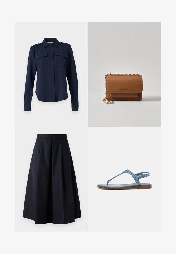 Mornarno modra srajca s gumbi, izdelana iz mehkega materiala. Ima dve žepoma na prsih, ramenske epaulety in dolge rokave z gumbastimi manšeti.; Črn A-linijski krilo iz gladkega blaga, ki ima nabore in širok pas. Krilo se konča tik nad gležnjem.; Modra usnjena japanka z ravnim podplatom, ki ima ozko naramnico in zaponko okoli gležnja za varno prileganje.; Rjava teksturirana usnjena torba čez ramo z zlatim verižnim trakom in zapiranjem na pokrov. Spredaj je vidna podrobnost logotipa in žep pod pokrovom.