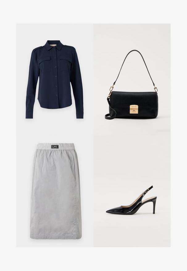 Marineblauw button-up shirt van zachte stof. Heeft twee borstzakken, schouderepauletten en lange mouwen met knopenmanchetten.; Grijs, knie-lange rok gemaakt van lichtgewicht materiaal, met een elastische tailleband en zijzakken. Merkenlabel "LPS" op de tailleband.; Zwarte gepatineerde leren slingback pump met een puntige neus, slanke hak en een subtiel uitgesneden ontwerp. Bevat een gouden gesp op de band.; Zwarte leren handtas met een platte rechthoekige vorm, gouden hardware en een bovenhandvat. Beschikt over een sluiting met klips en kenmerkende logo-details.