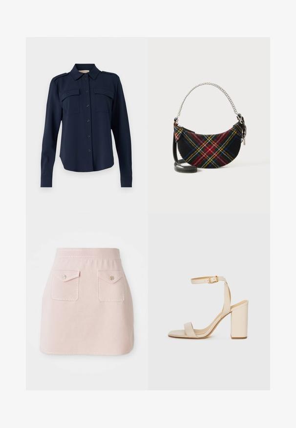Chemise boutonnée bleu marine en tissu doux. Elle comporte deux poches poitrine, des épaulettes et des manches longues avec des poignets boutonnés.; Jupe rose en tissu avec une texture lisse. Elle possède deux poches avant avec des fermetures à rabat et une couture décorative le long de l'ourlet.; Sandale à talon haut beige avec un bout carré, une fine bride de cheville et un talon carré. Texture en cuir lisse avec un détail de boucle dorée.; Sac à main en mélange de laine avec un motif tartan, de forme demi-lune, poignée en chaîne argentée et une bandoulière en cuir noir amovible.