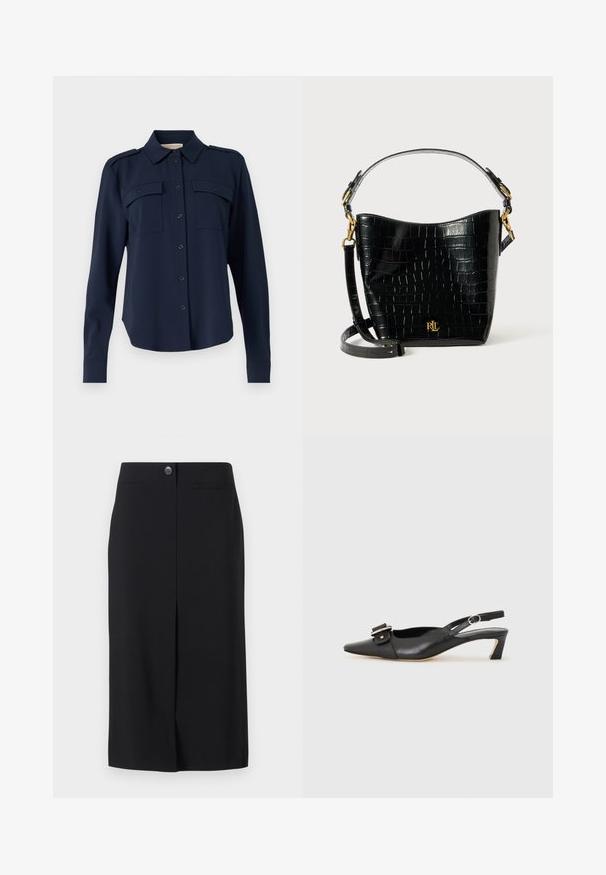 Mornarno modra srajca s gumbi, izdelana iz mehkega materiala. Ima dve žepoma na prsih, ramenske epaulety in dolge rokave z gumbastimi manšeti.; Črna svilenka iz gladkega materiala. Ima gumbasto zapiranje, dva stranska žepa in sprednji razporek za udobje gibanja.; Črne usnjene slingback čevlje z ostrim nosom, majhnim petam in dekorativno sponko na zgornjem delu. Gladka tekstura, minimalistična zasnova.; Črna torbica iz usnja z embosiranim krokodiljim vzorcem, ukrivljene oblike, z zlatimi akcenti, nastavljivim trakom in podrobnostjo logotipa spredaj.